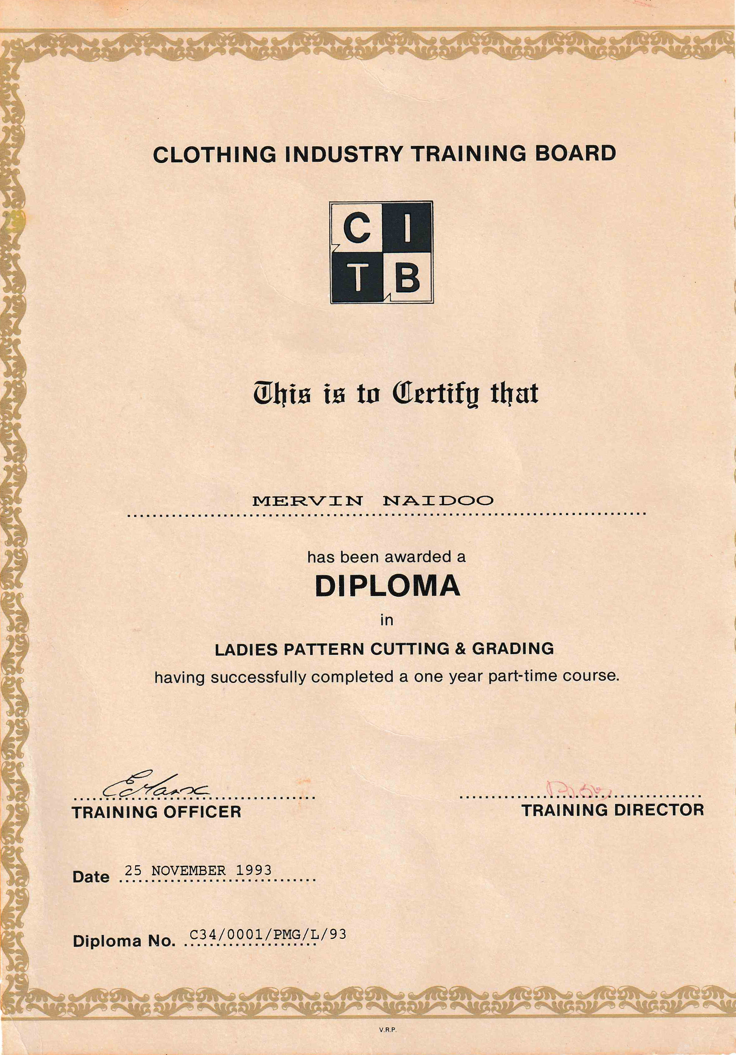 Clothing Industry Training Board Certificate